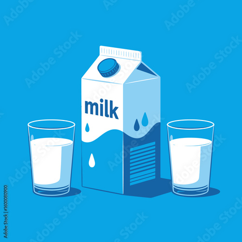 Fresh Milk Illustration with Carton and Two Glasses on Blue Background Perfect for Dairy Product Promotion and Healthy Lifestyle Concepts
