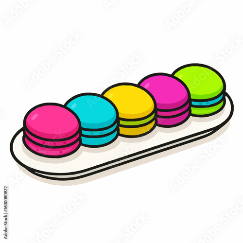 Delicious Dessert Line-Up Vector. Illustration of a bright colorful row of macarons on a white plate.