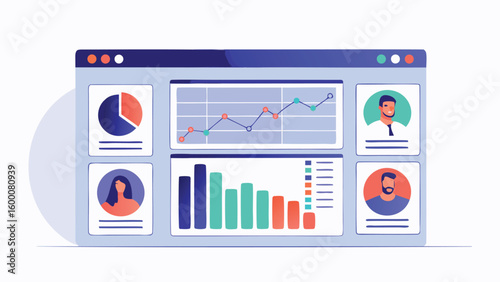 Illustration of a dashboard with charts, graphs, and user profiles displayed on a light blue interface
