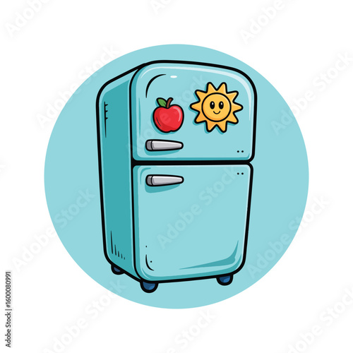 Cute cartoon illustration of a light blue refrigerator with a red apple and a smiling sun magnet