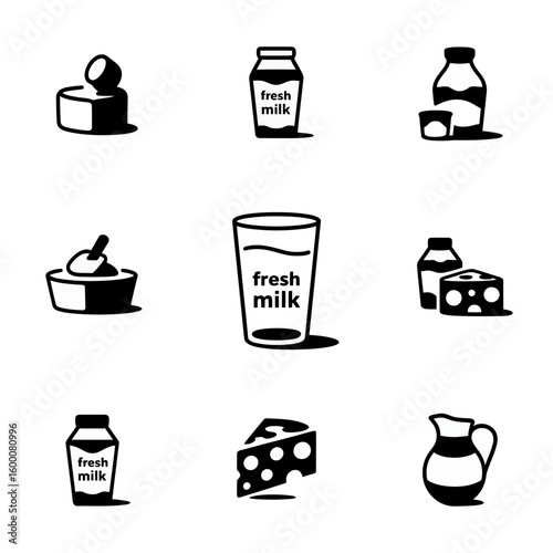 Collection of Black and White Dairy Product Icons Representing Fresh Milk and Cheese Including Glass Bottle and Jug