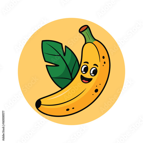 Cute cartoon banana with a happy face and a green leaf in a yellow circle