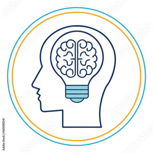Outline of human head profile with lightbulb brain and concentric circles vector