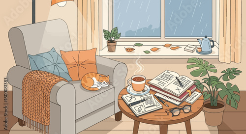 Cozy autumn scene with sleeping cat, books, and steaming tea by the rainy window