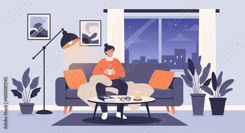Person relaxing on sofa with coffee at night, cozy atmosphere