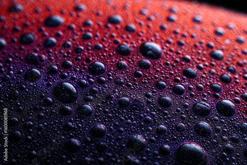 Close-up view of water droplets on a surface transitioning from vibrant red to deep purple