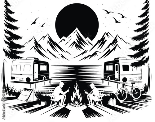 Lakeside camping night scene with moon, mountains, and outdoor gear