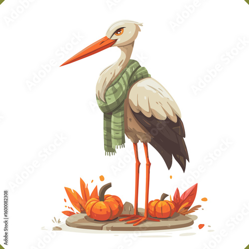 Vector illustration of a stork in a striped scarf standing near pumpkins and autumn leaves, on a white background