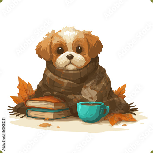 Vector illustration of a small puppy wrapped in a plaid scarf with books, a steaming mug, and autumn leaves, on a white background