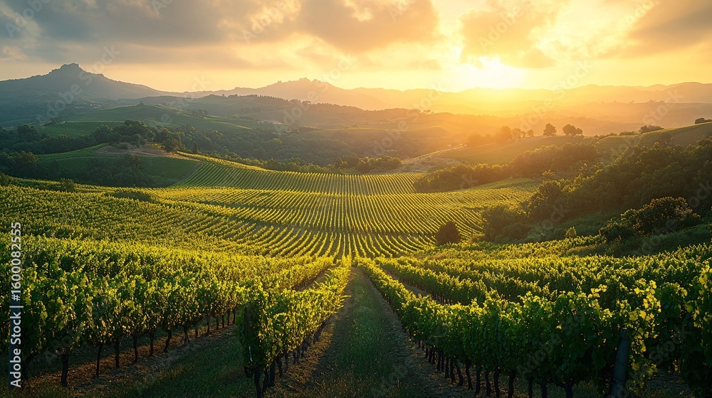 Fototapeta premium Golden Hour Sunset Over Rolling Farmland Hills
