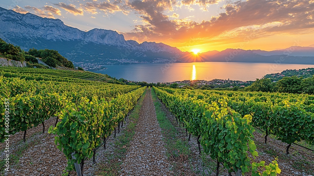 Fototapeta premium Golden Hour Sunset Over Farmland And Lake With Mountain Background