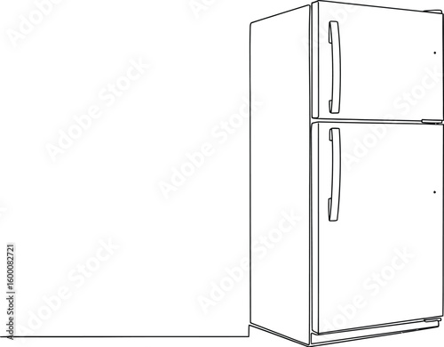Clean line drawing of a modern two-door refrigerator, kitchen appliance outline