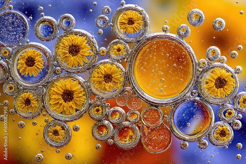 Abstract floral design, circles of color and bubbles