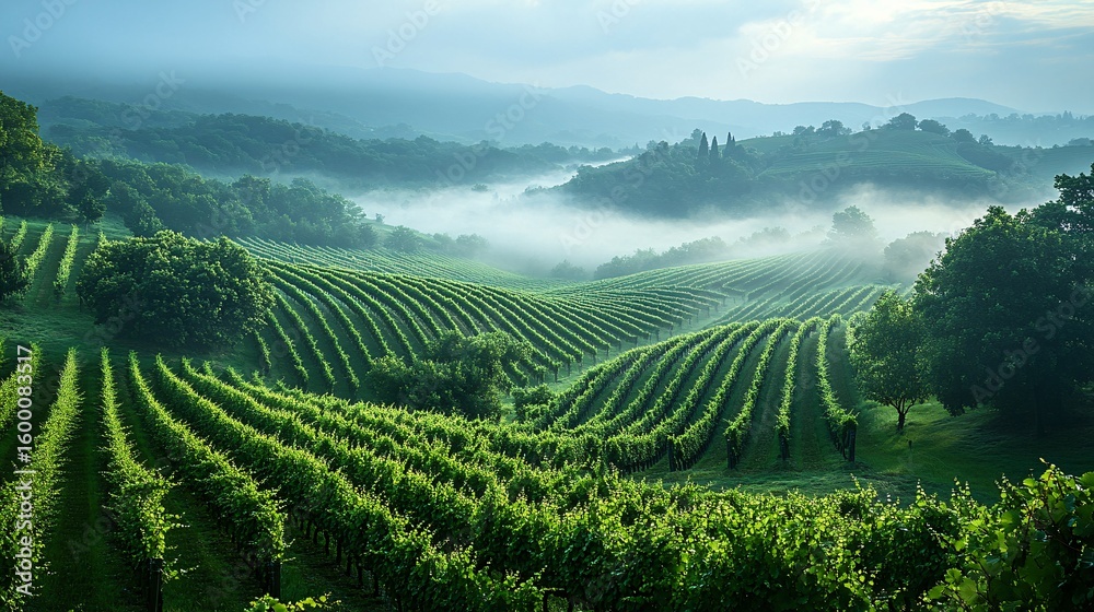 Misty Morning Vineyard Landscape Rolling Green Hills at Dawn Misty Morning Vineyard Landscape Rolling Green Hills at Dawn