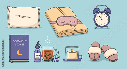 Cozy bedtime essentials including a pillow, blanket, sleep mask, alarm clock, book, tea, candle, and slippers