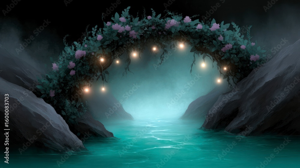 Fototapeta premium Lush floral archway with fairy lights over tranquil water between rocky outcrops