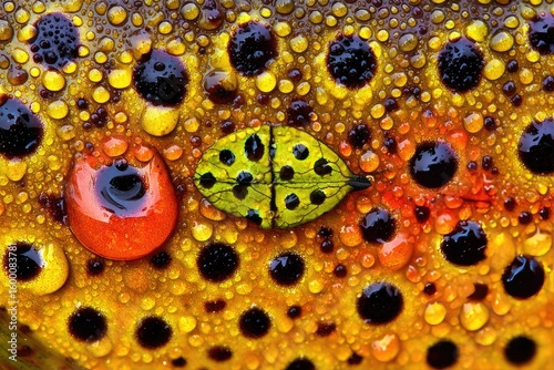 Close-up of a wet, colorful leaf surface with water droplets.  A small, lime-green ladybug rests on the leaf