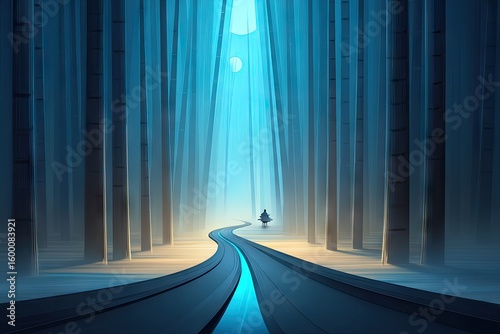 A winding road through a mystical forest at night