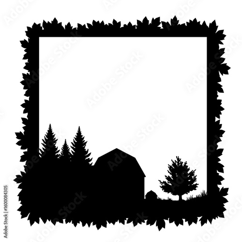Silhouette barn frame with trees and leaves – Autumn harvest season, copyspace