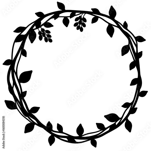Silhouette of circular frame with vine and berry cluster – Autumn rustic decoration, copyspace