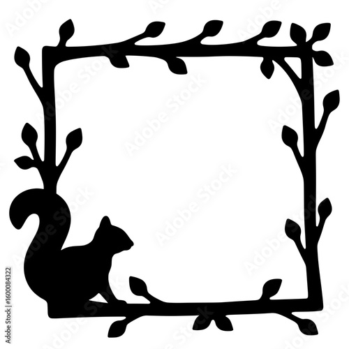 Silhouette of squirrel on branch in frame – Autumn woodland decor, copy-space