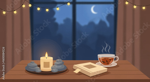 Cozy evening scene with candle, book, and hot tea by the window