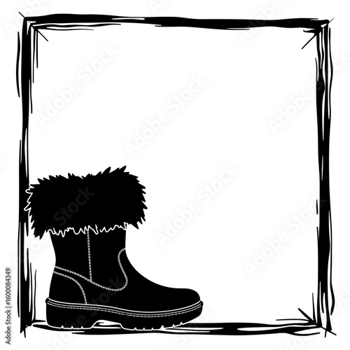 Silhouette of snow boots with fur trim – Winter outdoor gear, copy-space