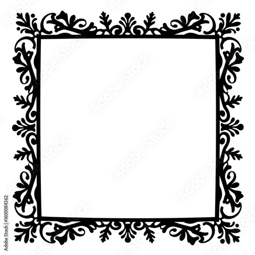 Black ornate frame silhouette with snowflake pattern, winter elegance, copyspace
