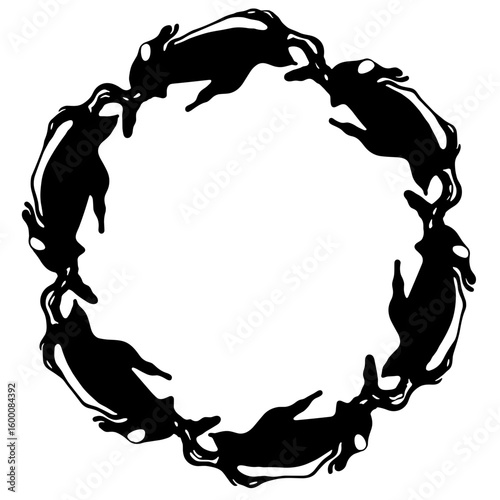 Silhouette of galloping horses forming a circular frame, dynamic animal energy
