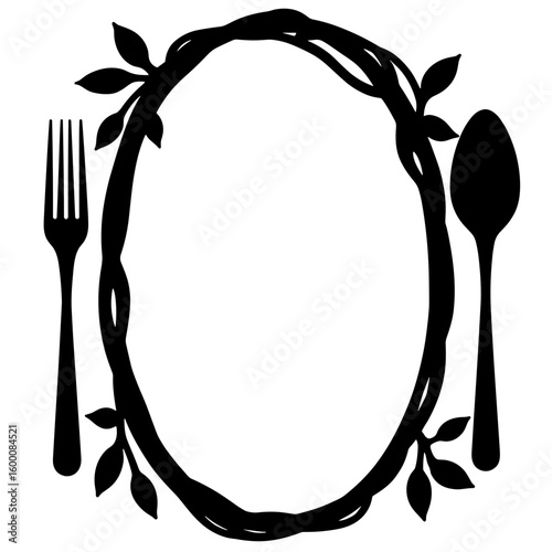 Silhouette serving utensils with vine frame – Thanksgiving table decoration, copyspace