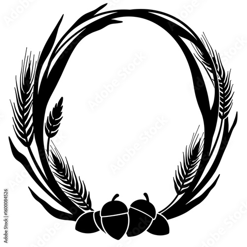 Silhouette of wheat and acorn wreath – Thanksgiving harvest symbol, copyspace