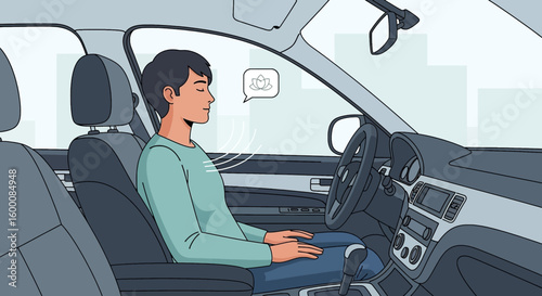 Man meditating peacefully inside a car, visualizing calm and serenity