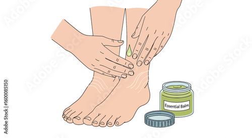 Applying essential balm to ankle for relief and soothing sensation