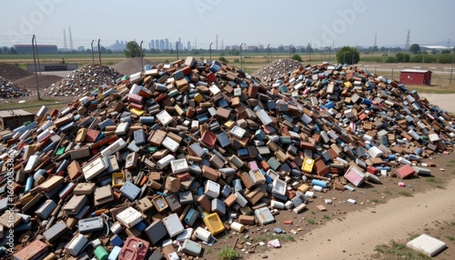 large piles of solid industrial waste composed of metal scraps broken equipment packaging materials and contaminated debris are stored in fenced off dumping grounds near factories