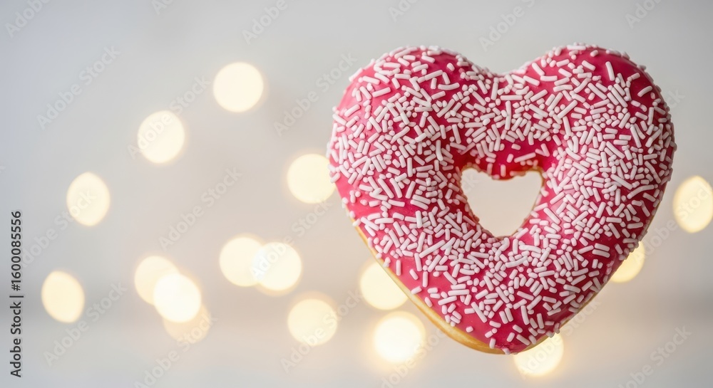 Fototapeta premium A heartshaped donut with pink icing and white sprinkles