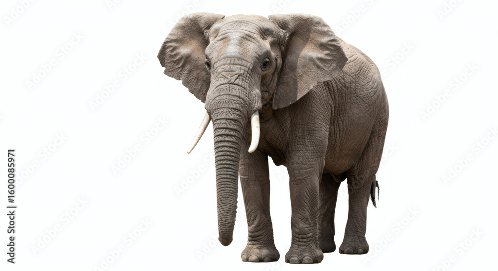 Fototapeta premium Grey elephant standing against a plain white background.