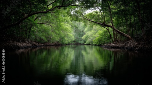 Dramatic mangrove roots arch over reflective black water in lush green forest, creating a mysterious and tranquil natural scene with mirrored textures and vibrant foliage