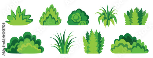 Set of green stylized bushes and shrubs cartoon style. Vector illustration of beautiful lush shrubs of various shapes and sizes, with leaves isolated on a white background. Landscape element.