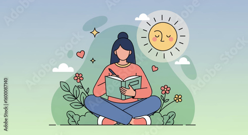 Young woman enjoys journaling outdoors surrounded by nature and a cheerful sun