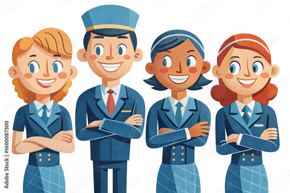 Naklejka premium set of airline staff including pilot, stewardess, steward, and flight attendants vector. Male and female crew members in aviation uniforms. Isolated on white background