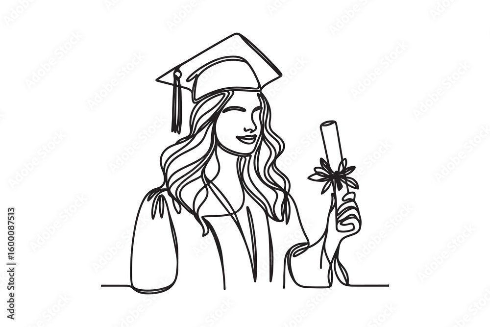Fototapeta premium Elegant Graduation Girl Single Line Art - Bold and Clean Design on White Background