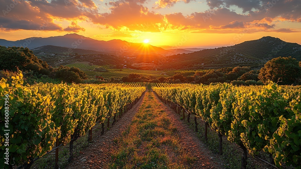 Naklejka premium Vineyard Landscape At Sunset Warm Hues Across Rolling Hills