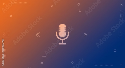 Microphone icon for podcasting and audio broadcasting on a modern blue and orange gradient background with geometric elements