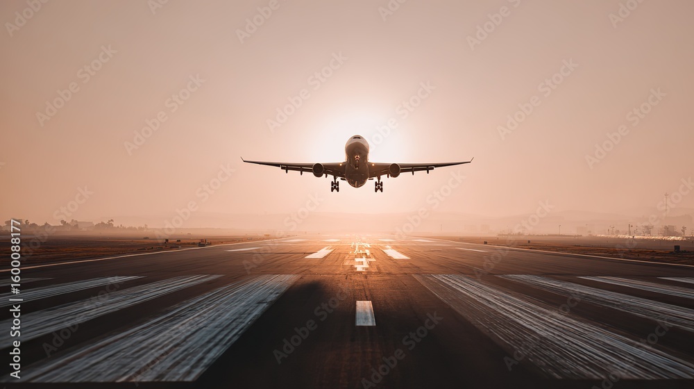 Fototapeta premium High-resolution image of airplane taking off above runway with strong backlight, heat haze, long shadows, and minimalist airport scenery, symbolizing ambition and departure