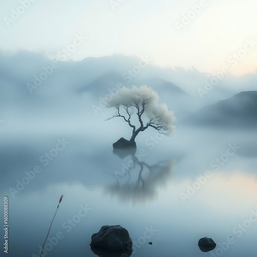 Solitary Tree in Misty Landscape Reflecting on Calm Water