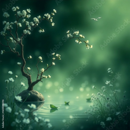 Graceful Tree with Blossoms Growing from a Rock Surrounded by a Tranquil Water Scene
