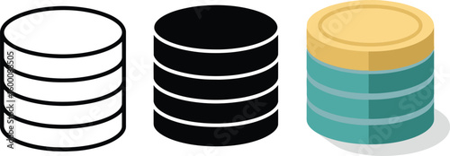 Three isometric database icons representing different styles: outline, solid black, and colored.