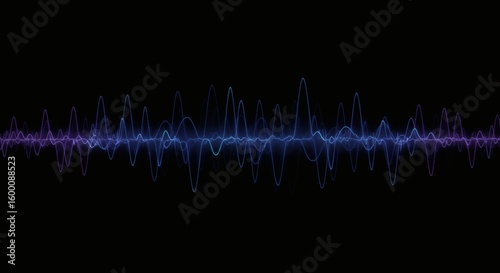 Glowing blue and purple soundwave signal on a black background, representing digital audio frequency and music visualization.