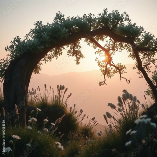 Arched Tree Framing a Sunset Over Rolling Hills Surrounded by Wildflowers