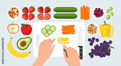 Hands chopping fresh fruits and vegetables for healthy meal preparation on a cutting board